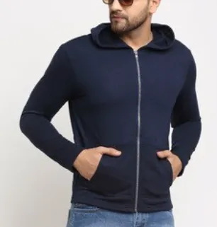 Blue winter jacket for men with chain hoodie and full sleeves
