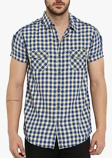 checks shirt double pocket half sleeve collar