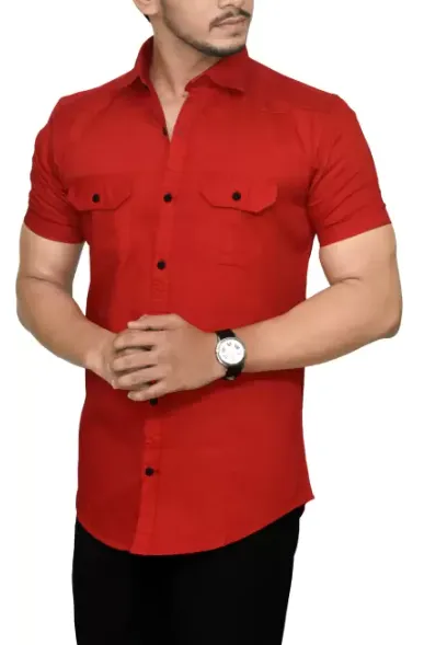 Double pocket red shirt half sleeves